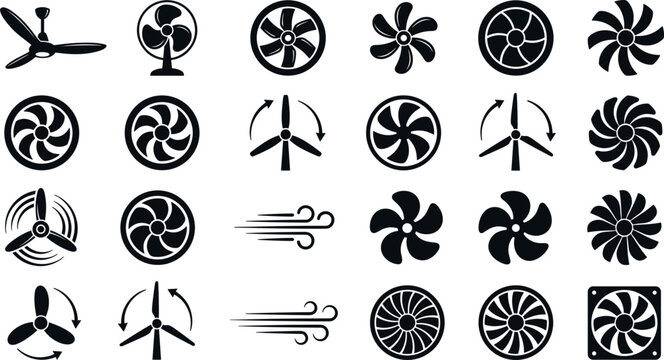 Cooling fan and wind turbine black silhouette icon collection featuring propellers ceiling fans exhaust systems wind blow lines and industrial ventilation symbols vector