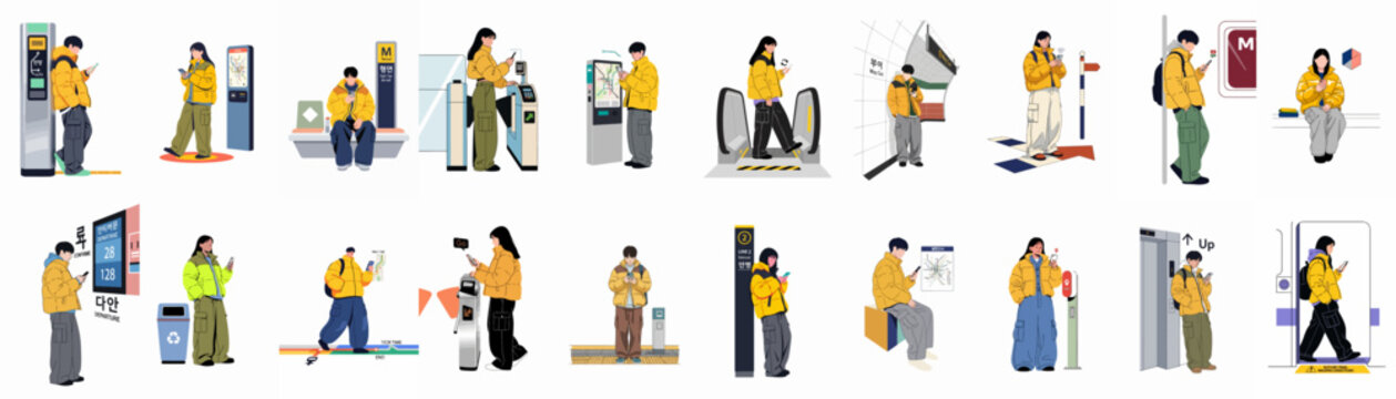 Vector illustration set of young people in yellow jackets using smartphones while commuting in a modern city subway station environment.