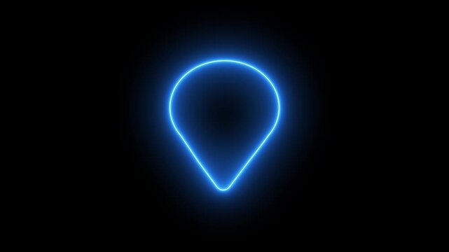 Glowing blue neon map pin icon on black background