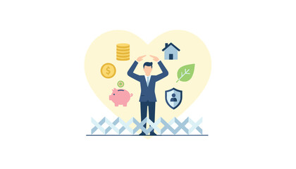 Fototapeta premium Financial advisor protecting assets including coins a piggy bank and a property under a large heart symbol.