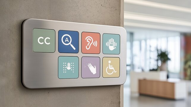Brushed metal accessibility sign with tactile on concrete wall