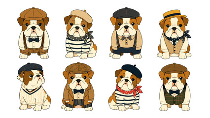 Obraz premium Cute bulldog characters in vintage outfits set