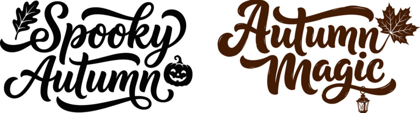 Set of spooky autumn and autumn magic hand lettered calligraphy designs for halloween seasonal holiday greeting cards