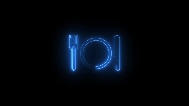 Blue neon glowing fork plate and knife dining sign