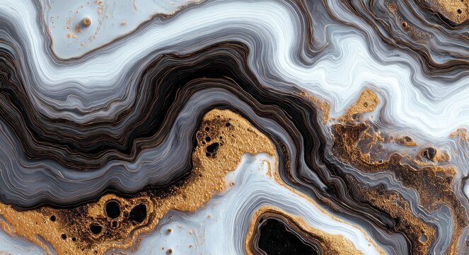 Abstract marbled texture with swirling layers of gold, black, and white