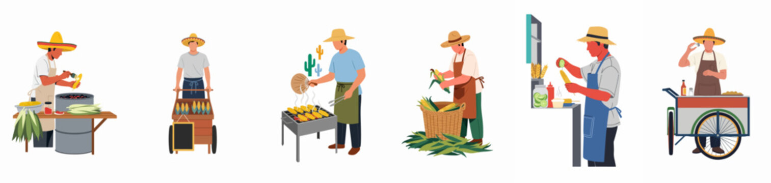 Collection of flat illustrations showing men preparing and selling Mexican street corn or elotes at various stalls and carts.