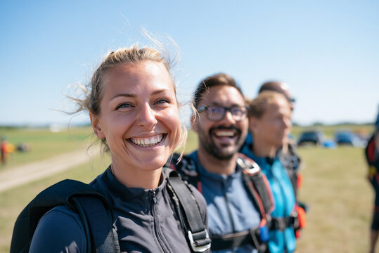 Group of friends preparing for first parachute jump at drop zone, smiling faces, outdoor adventure concept.