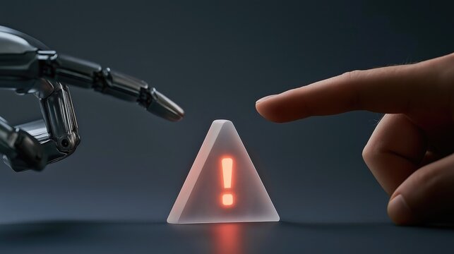 Robotic hand and human finger pointing at a glowing warning triangle