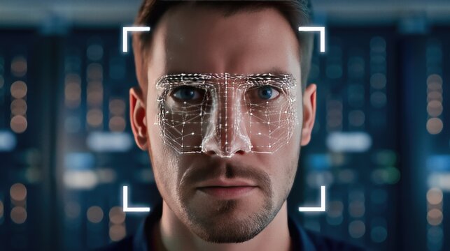 Man's face undergoing biometric facial recognition scan with digital mesh overlay