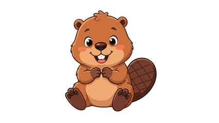 Obraz premium Cute cartoon beaver sitting and smiling on white background