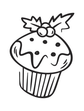 Cupcake With Holly Topping Festive Line Art