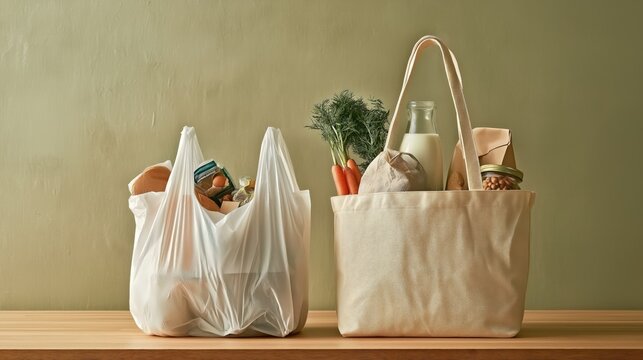 Side by side comparison of a white plastic grocery bag and a reusable canvas tote bag