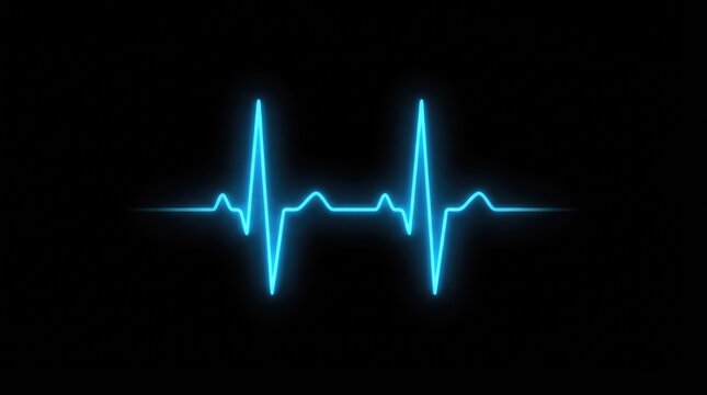 A glowing blue neon heart rate pulse line isolated on a black background representing medical health awareness and celebration for the annual world heart day