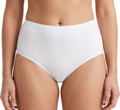 Close up view of a woman wearing comfortable high waisted plain white cotton underwear briefs panties lingerie apparel clothing textile highwaisted fashion soft intimate casual
