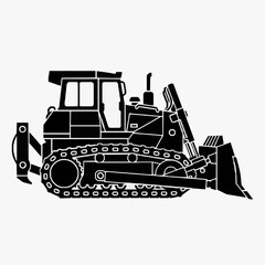 Dynamic Black and White Line Drawing of a Heavy Duty Bulldozer with Tracked Base and Blade Attachment © Cepit