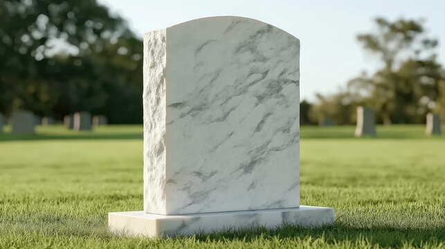 Blank white marble tombstone standing in a green cemetery field