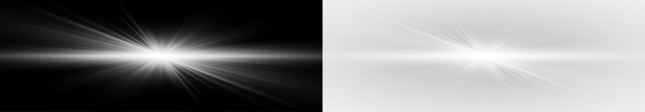Glowing Horizontal Lens Flare with Radiant Star Burst. Bright Light Rays, Sparkling Glitter.