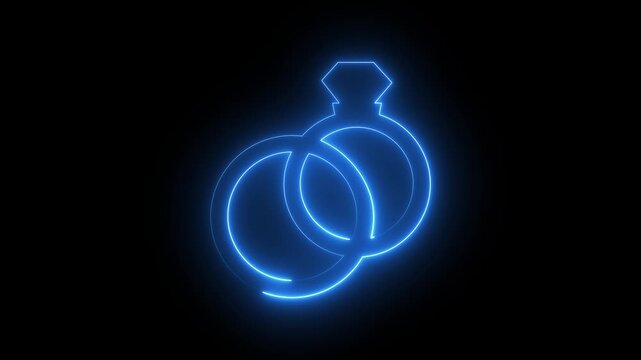 Glowing blue neon wedding rings icon on black background