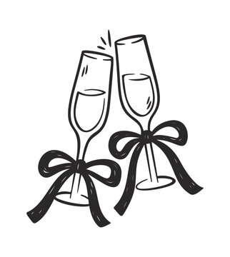 Champagne Glass Clink With Ribbon Bow Line Art