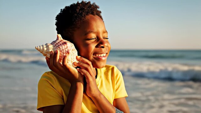 Happy African American child listening to conch shell at ocean
