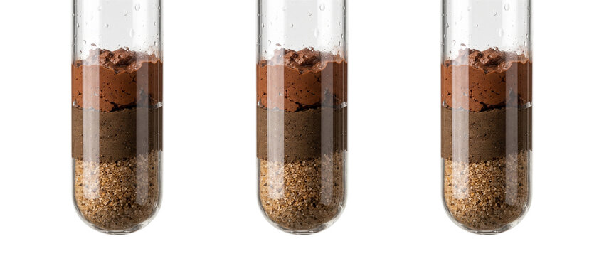Soil sample test tube layer analysis for science, agriculture, and geology, featuring glass vials filled with sand, dirt, and earth strata for laboratory research and environmental soil quality testin