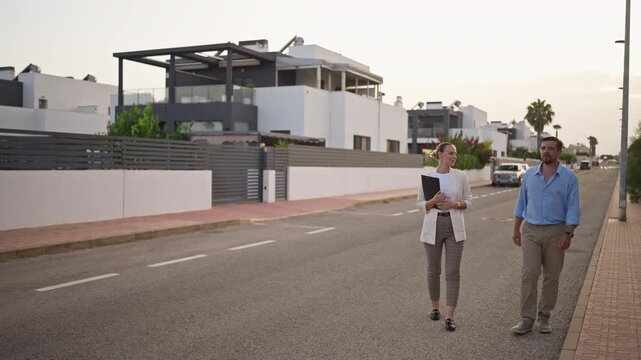 Professional real estate agent and male client discussing property details while walking along a suburban street with modern luxury houses, showing him a new home for investment or purchase