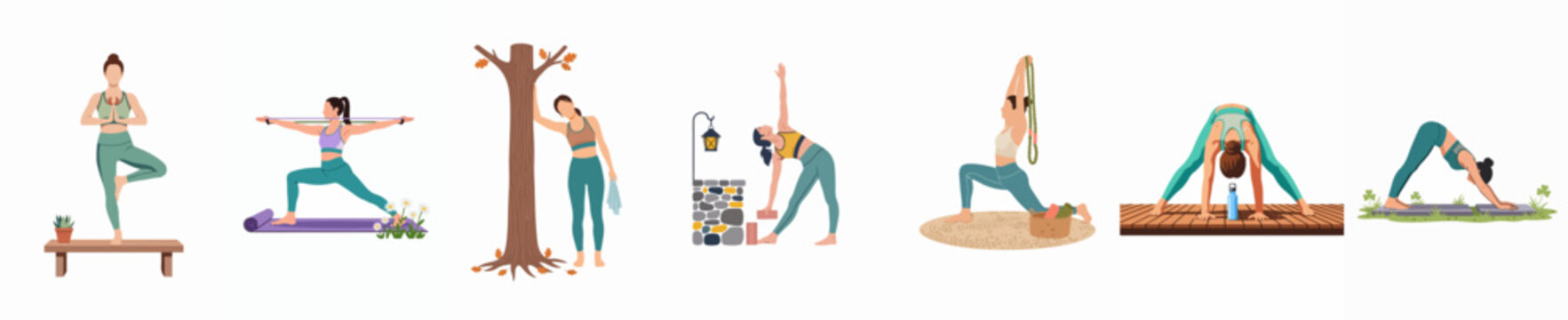 Vector illustration collection of various women practicing yoga poses and fitness exercises in diverse indoor and outdoor settings using different sports equipment.