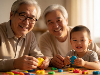 Obraz premium Happy asian grandfather and grandson playing with colorful clay