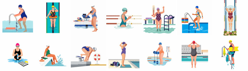 Collection of Senior Women Enjoying Swimming and Water Activities at the Pool, Vector Illustrations on White Background © Priya