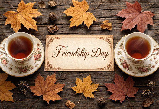 Celebrate friendship day with two cups of tea surrounded by autumn leaves and pinecones on rustic wood