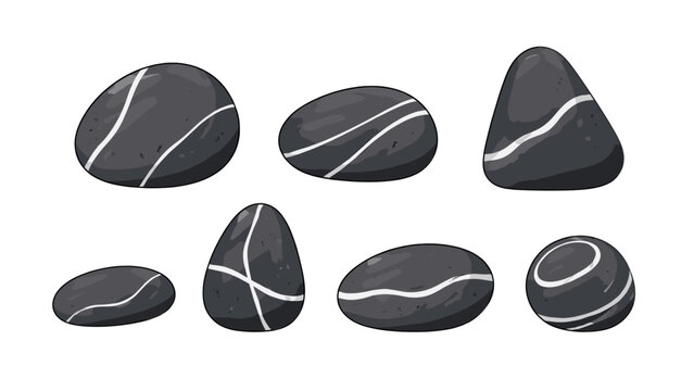 Set of smooth dark pebbles with white stripe patterns