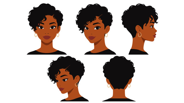 Short curly pixie haircut woman avatar set in multiple views