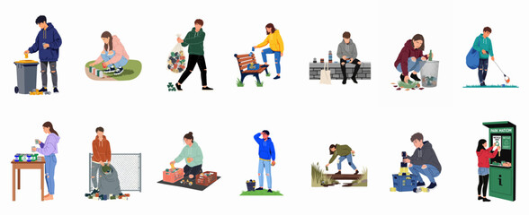 Fototapeta premium Vector illustration of young people participating in various recycling and waste collection activities to promote environmental sustainability and cleanliness.