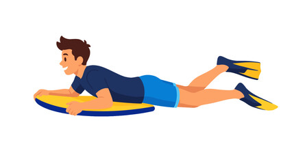 Boy lying on bodyboard with swim fins in flat vector style © Artstock