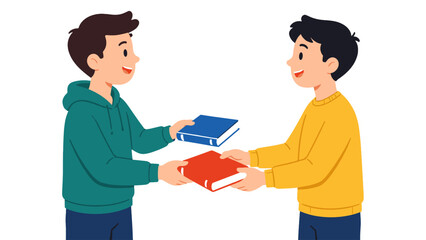 Fototapeta premium Two boys exchanging books in a flat vector illustration