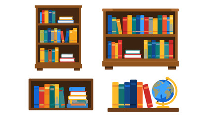 Set of wooden bookshelves with colorful books and globe © Artstock