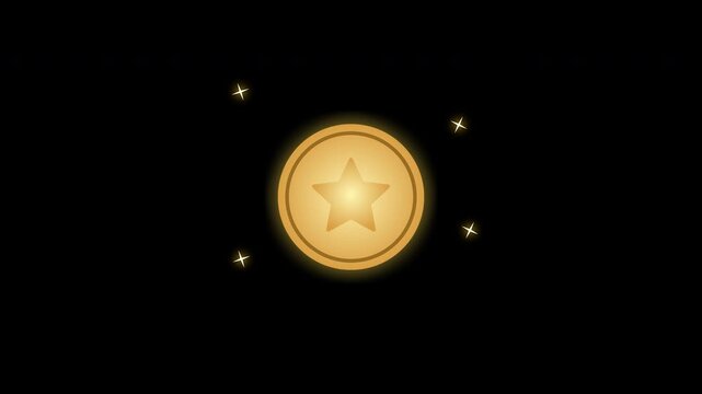Glowing gold coin with a star and sparkles, 2D flat animation loop (Alpha Channel)