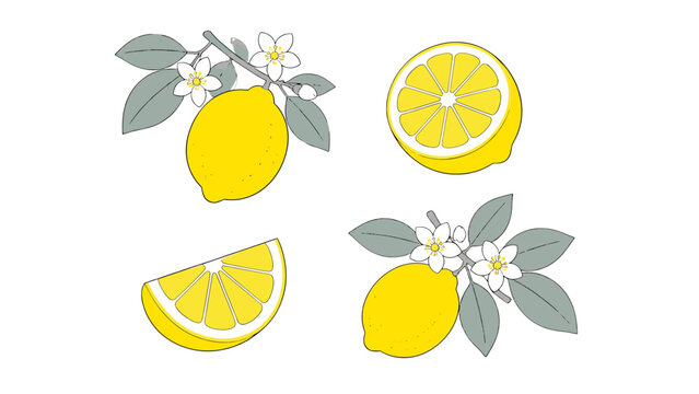Hand drawn lemon set with slices blossoms and leafy branches