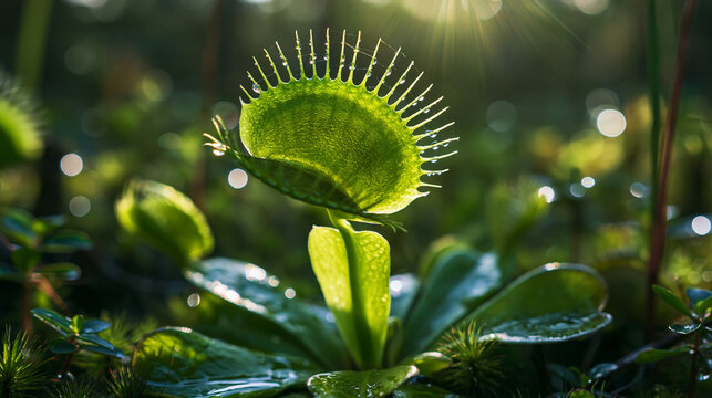A Venus flytrap with its sealed leaf chamber in a swamp, macro view.