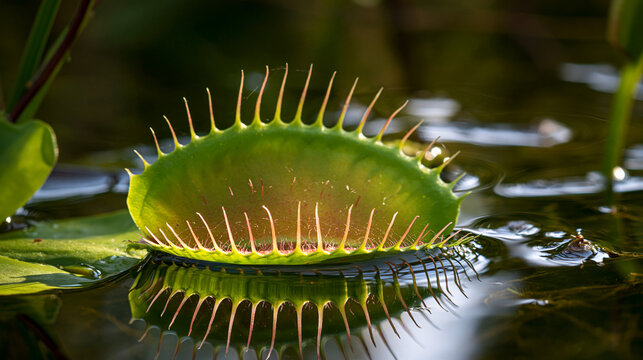 A Venus flytrap with its sealed leaf chamber in a swamp, macro view.