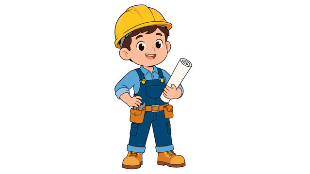 Cartoon child construction worker holding blueprint roll