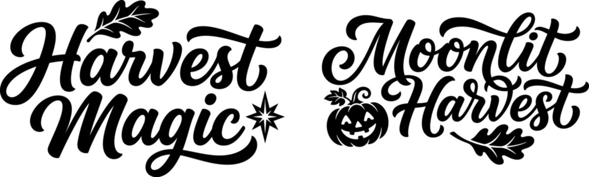 Harvest magic and moonlit harvest hand lettered typography designs perfect for autumn and spooky halloween holiday season projects