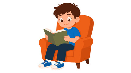 Cartoon boy reading a book while sitting in an orange armchair