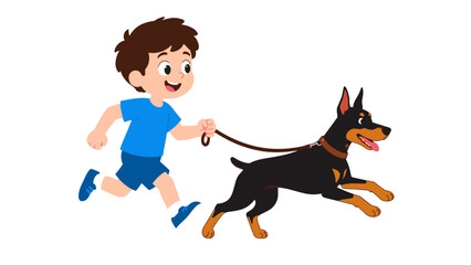 Cartoon boy running with dog on leash isolated on white