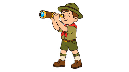 Cartoon boy explorer looking through a telescope