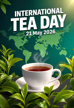 Celebrate international tea day with a hot cup surrounded by fresh green tea leaves and world map