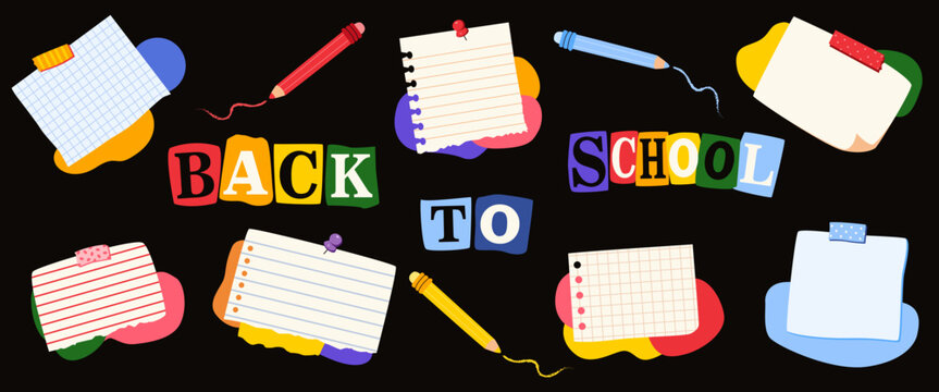 Back to school poster. Collection of colorful notes and pencils. Educational vector illustration.