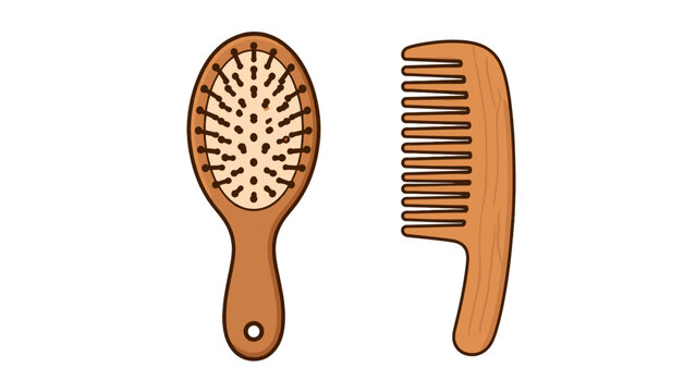 Wooden hairbrush and wide tooth comb vector illustration