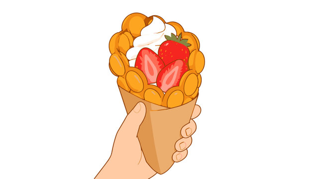Hand holding bubble waffle cone with strawberries and cream