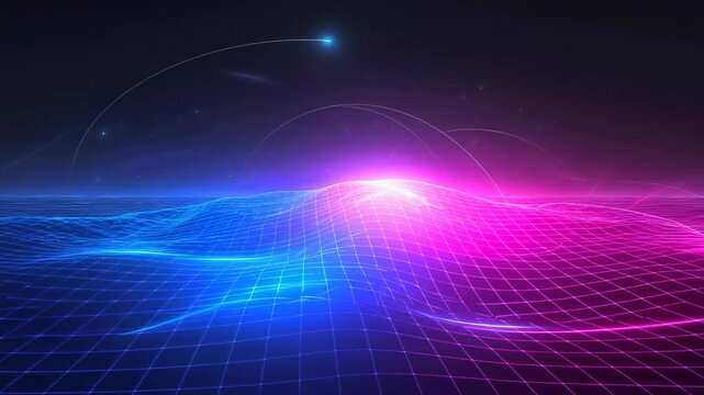 Futuristic glowing neon grid landscape with blue and pink light waves under starry night sky